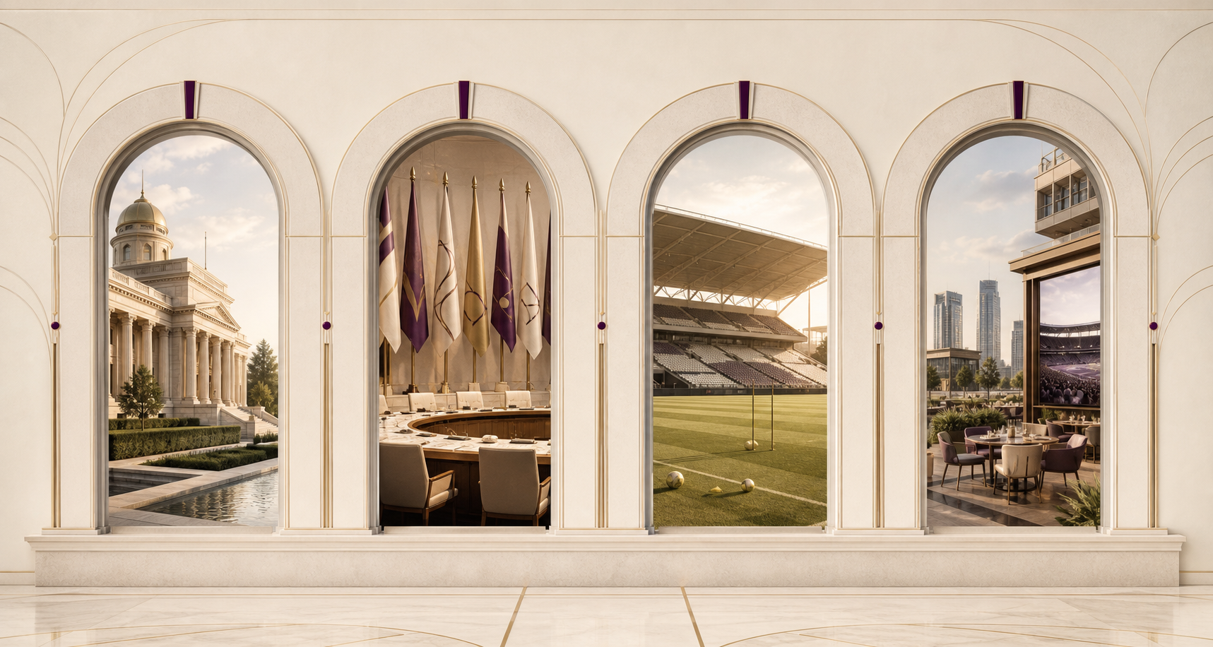 Four refined arches representing governments, federations, clubs and commercial stakeholders