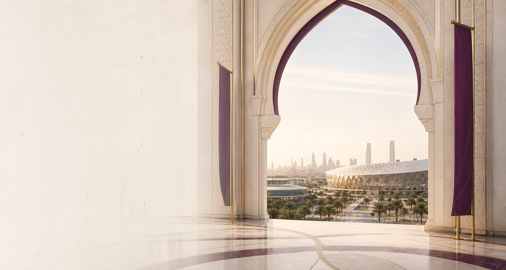 A premium architectural portal opening toward a modern sport city
